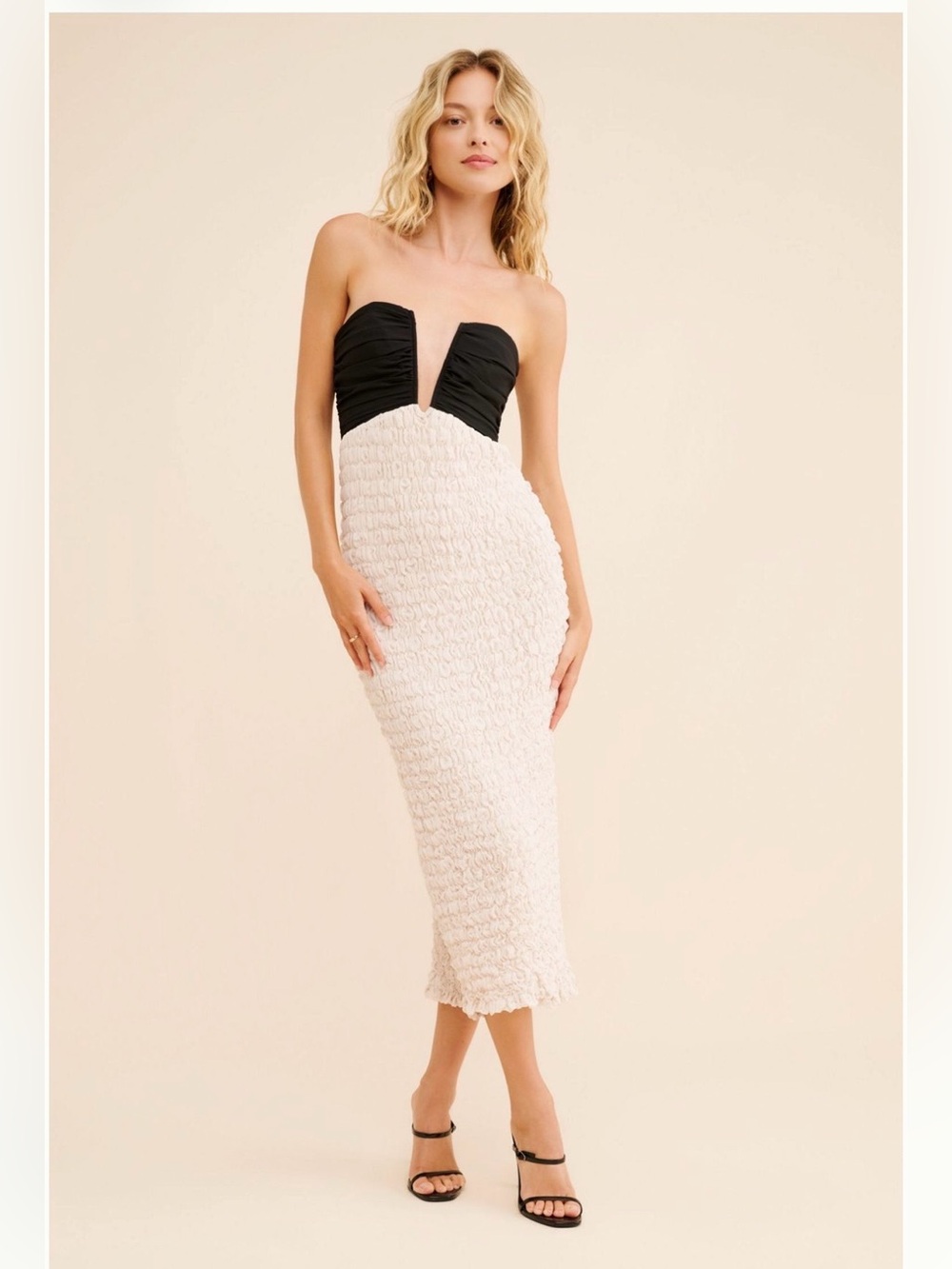 Strapless Two-Tone Midi Skirt Dress in Black and Cream